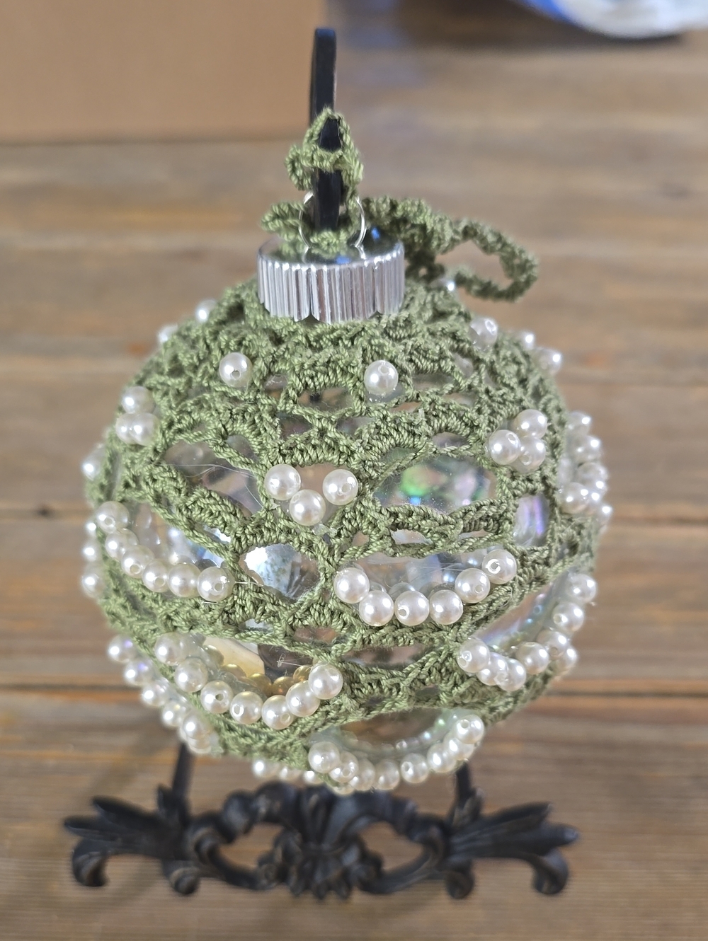 Handcrafted Olive Green Crochet Holiday Ornament with Pearl Accents